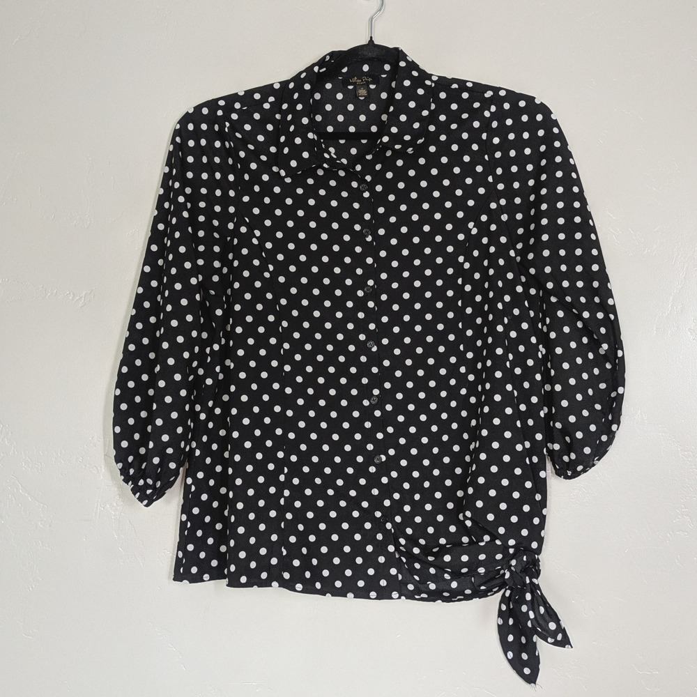 Melissa Paige Woman 1X Black White Polka Dot Button Front Blouse‎ Tie Hem